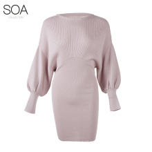 women long sleeve dresses boat neck drop shoulder and puff sleeve buttock sweater dress
